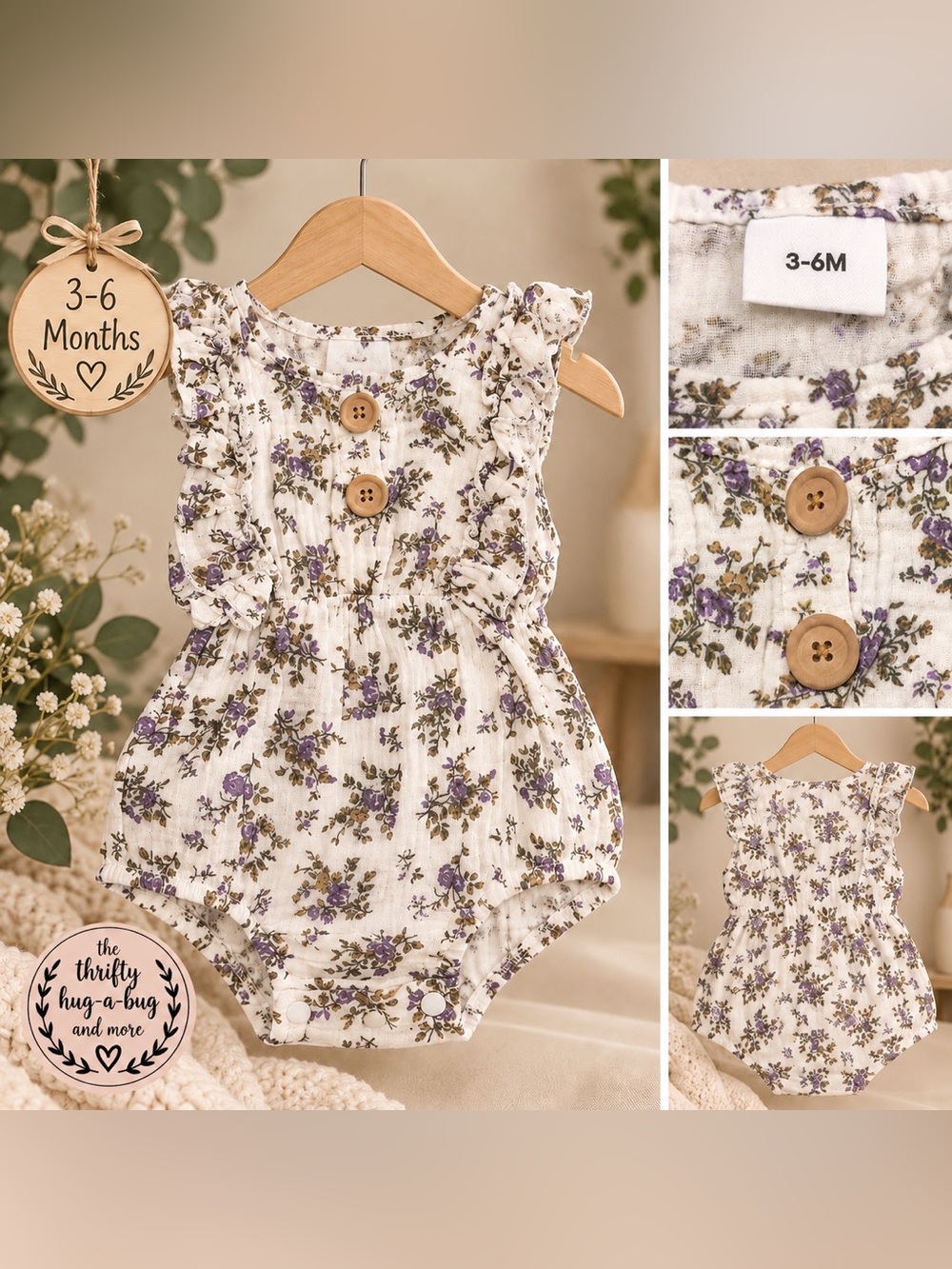 Baby Girl Floral Romper 3–6M | Purple Flowers 🌸🤍